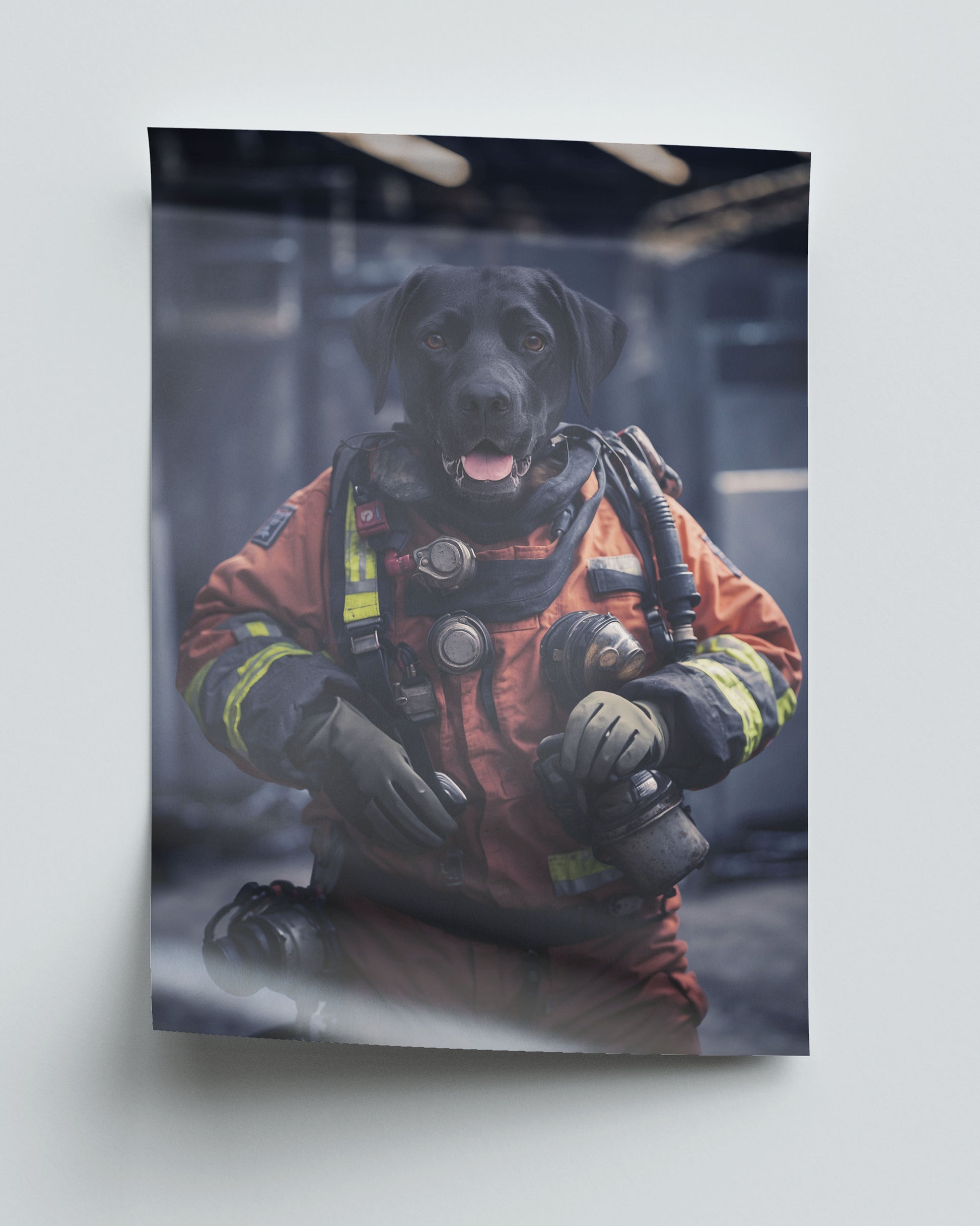 Custom pet portrait of a dog as a heroic Fire Guardian in a firefighter uniform