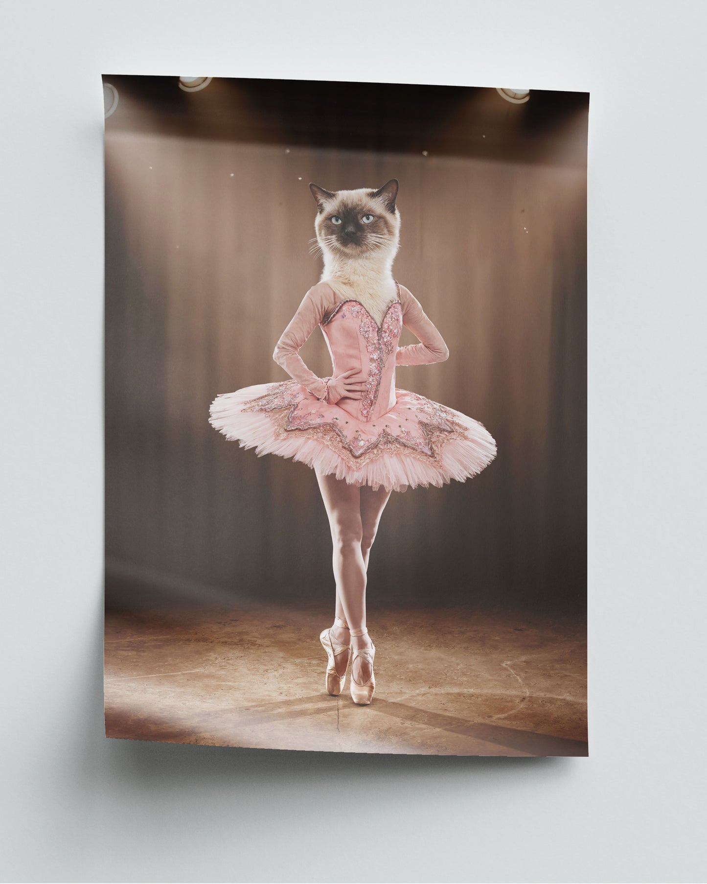 Custom pet portrait of a cat as a prima ballerina in a pink tutu and pointe shoes on a theater stage.